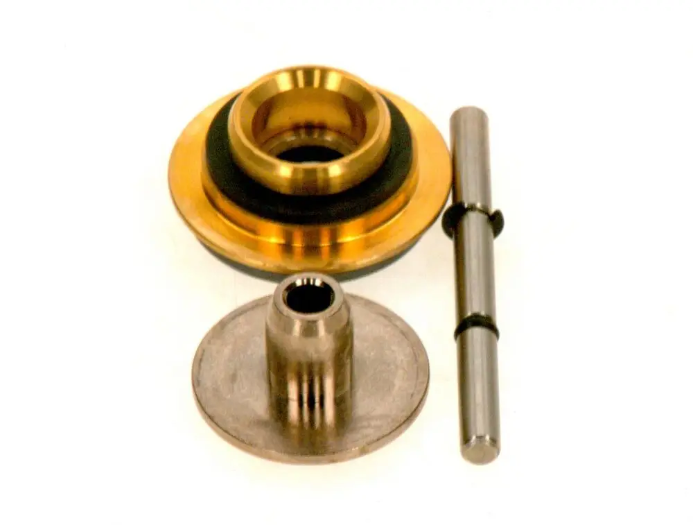 BOSCH Gasventil mit verschiedenen Komponenten, darunter eine goldene Dichtung und ein Metallzylinder, auf hellem Hintergrund.
